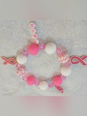 NWT Handcrafted Pink & White  Beaded Breast Cancer Awareness Bracelet.